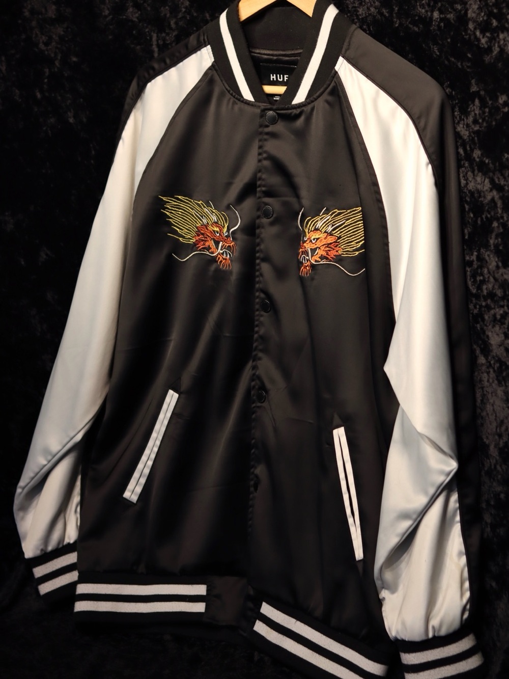 HUF Black and White Dragon Embroidered Satin Bomber Jacket